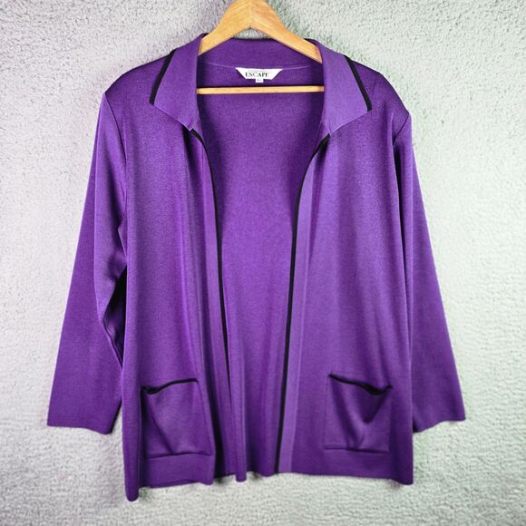 Howard Wolf Escape Cardigan L Purple VTG Open Front Collar Pocket Side Slit Pads - Picture 7 of 15